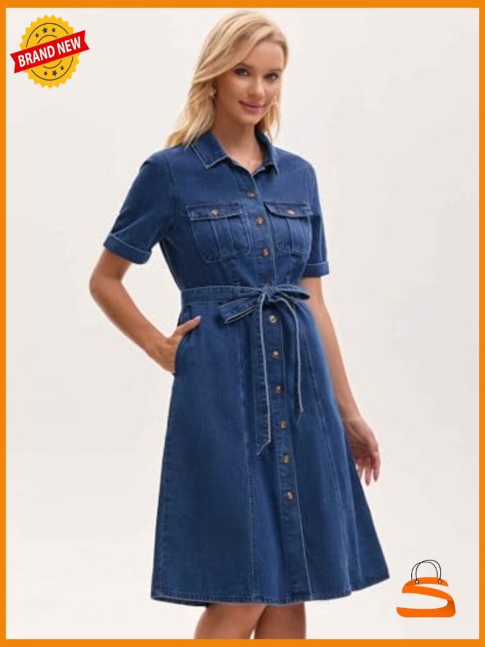 Denim Button Down Dress with Belt and Pockets - Picture 2 of 6